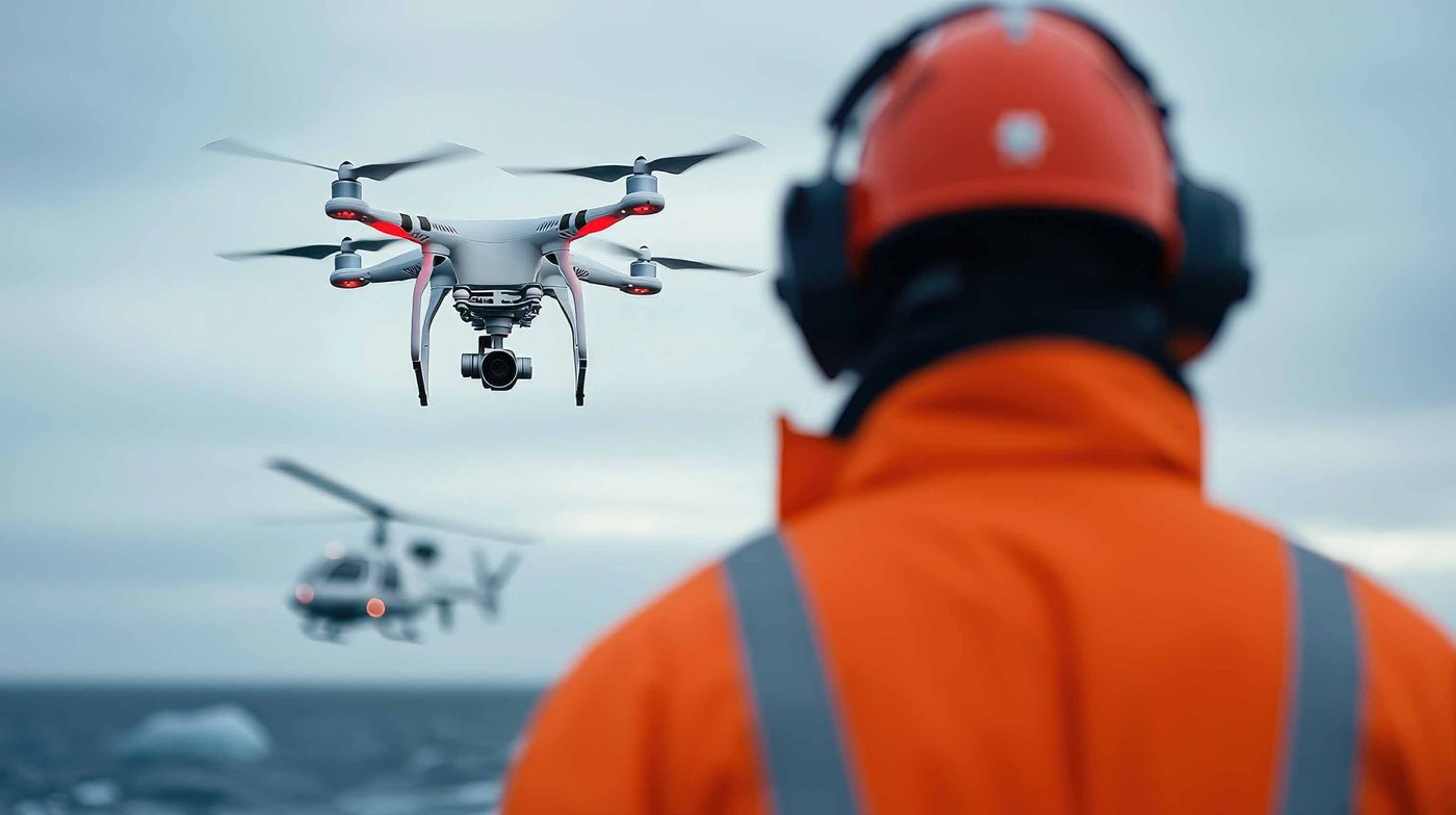 A delivery drone carrying cargo over a port area