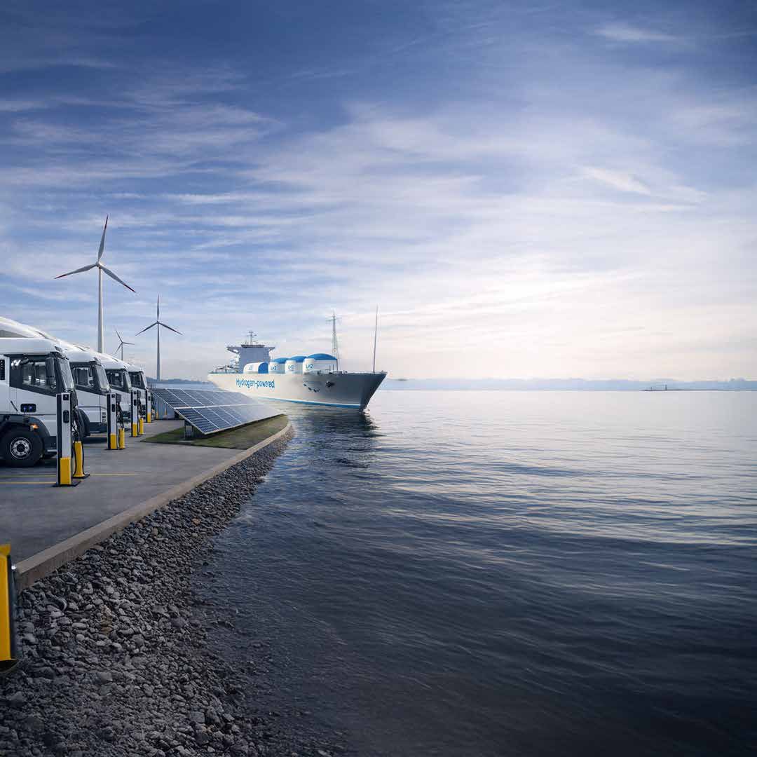 Offshore wind turbines and a vessel powered by renewable energy