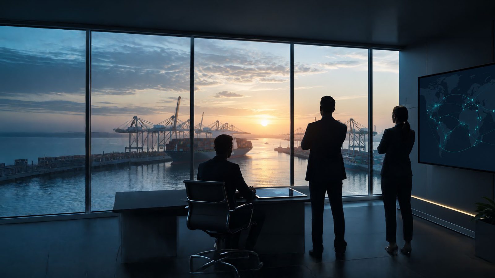 The Tideway team overlooking a container port at dusk from their operations office